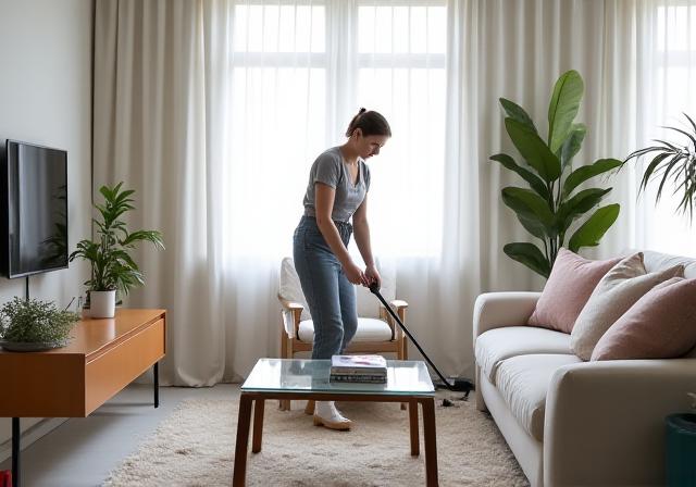 Maid service organizing and cleaning a modern living room