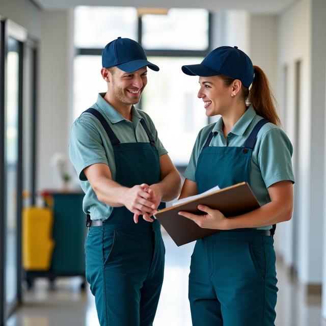 Smiling cleaning supervisor holding a clipboard reviewing work with a team member.